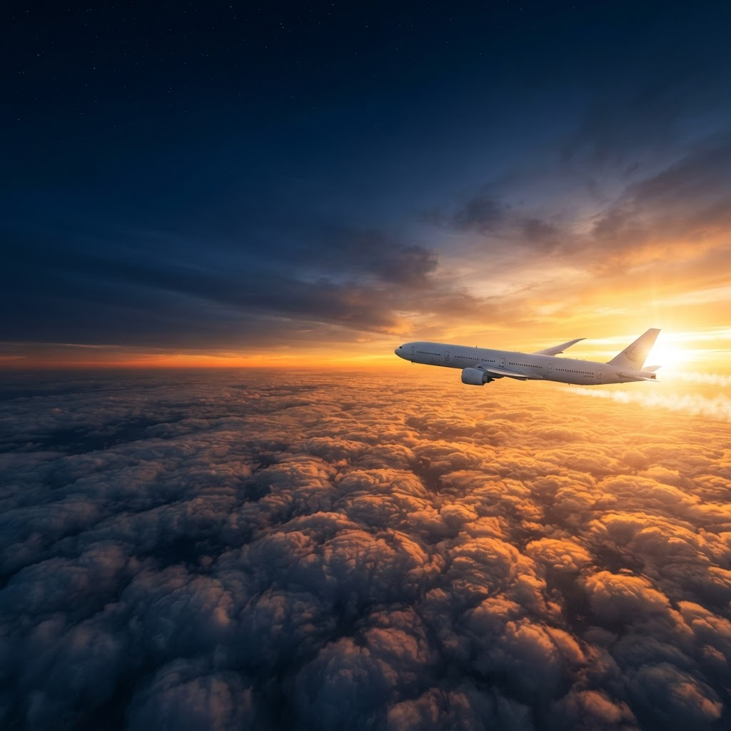Airplane flying above the clouds at sunrise
