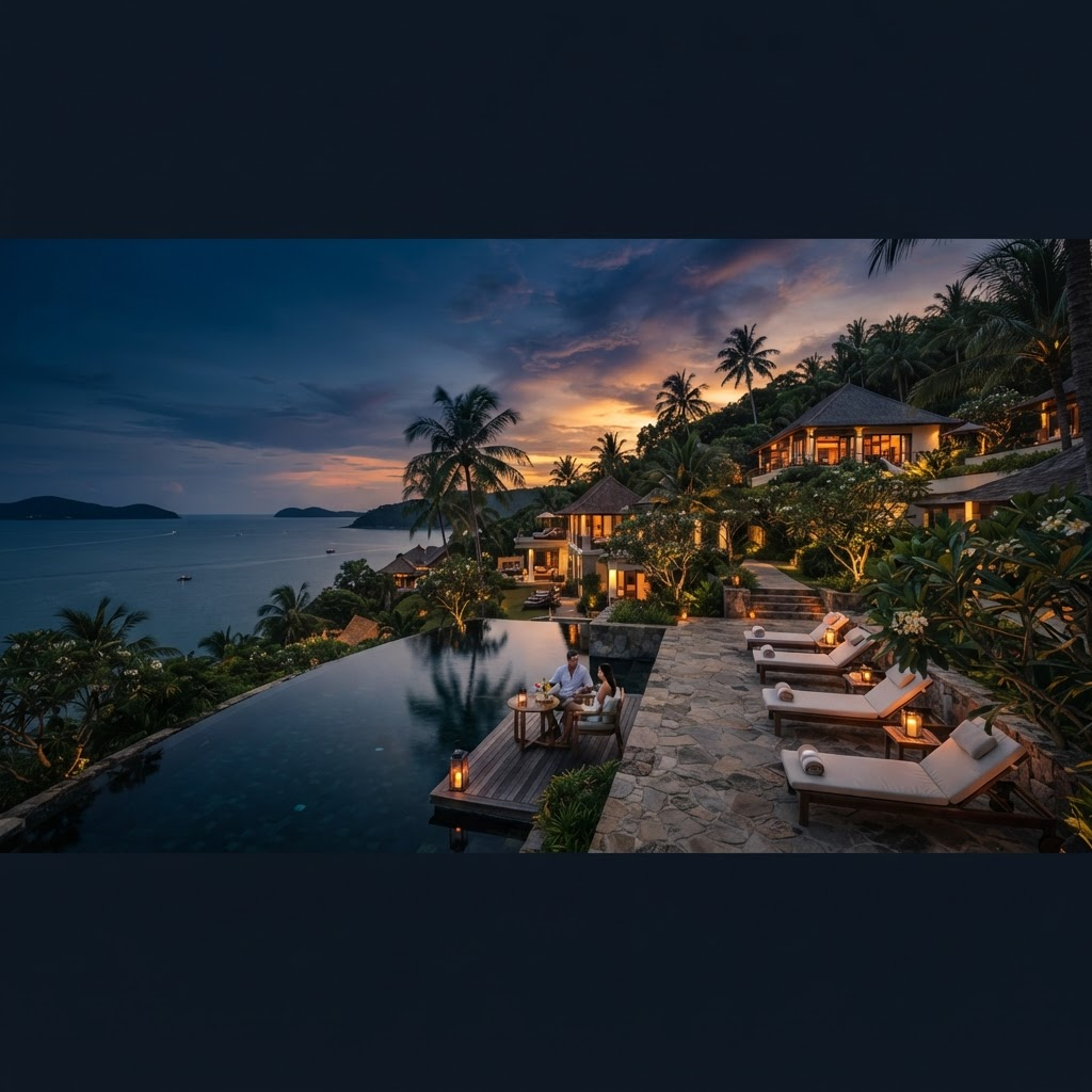 Luxury resort with an infinity pool at dusk